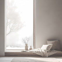 Elegant White Boudoir Interior with Large Windows and Scenic Views - Perfect for Home Decor and Lifestyle Photography