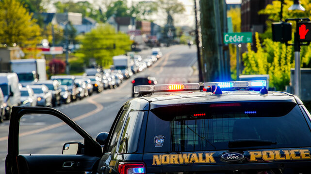 NORWALK, CT, USA- MAY 4, 2024: Traffic on Road 1 Boston Post Road  during cleaning on I 95 and demolishing bridge  after a tractor-trailer fire in Norwalk between Exit 14 and 15 