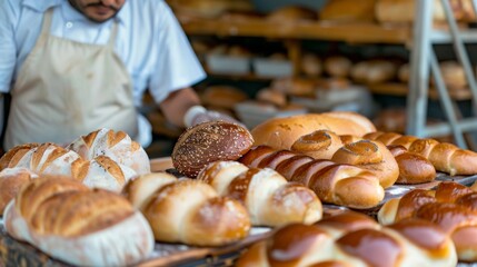 A baker arranging a tray of assorted bread rolls, showcasing the diversity of shapes, sizes, and flavors available in a bakery.