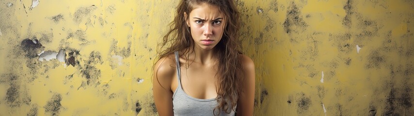 Angry young woman with messy hair - obrazy, fototapety, plakaty