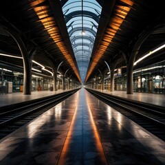 Obraz premium Futuristic train station interior with glass ceiling and empty platform