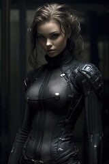 Fierce female warrior in black leather outfit