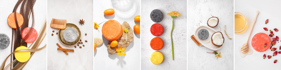 Collage of solid shampoo bars on light grunge background, top view