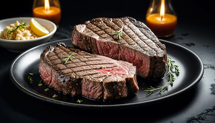 Grilled top sirloin or cup rump beef meat steak on marble board Black background 