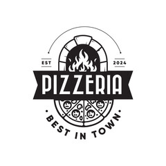 Pizzeria Restaurant retro logo, pizza kitchen branding classic badge design, vector emblem Italian food art.