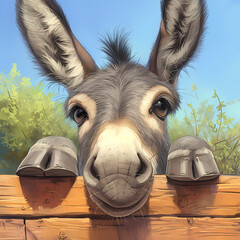 An Inquisitive Grey Donkey Gazing Over A Wooden Fence with Natural Surroundings