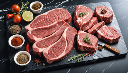 Raw fresh meat Ribeye Steak on dark background