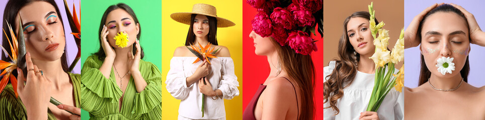 Collection of attractive young women with fresh flowers on color background