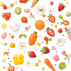 Na białym tle znajduje się różnorodna grupa owoców i warzyw, takich jak jabłka, marchewki, pomidory, banany, cytryny i morele