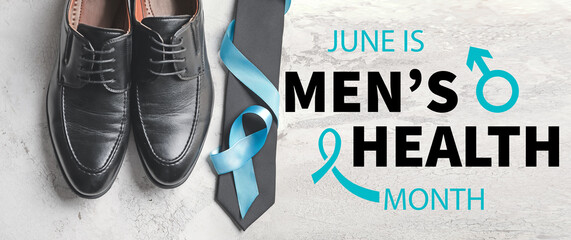 Blue ribbon, male shoes and necktie on light background. Prostate cancer awareness concept