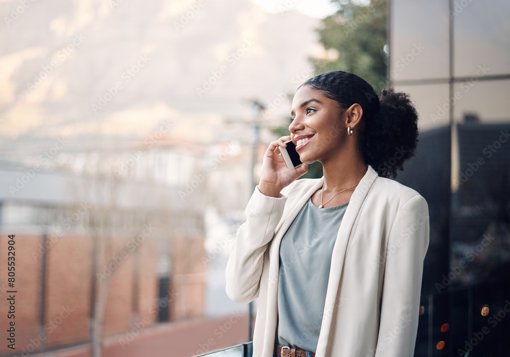 Poster Phone call, city and business black woman in conversation for planning, talking and networking. Communication, professional and worker on office balcony on smartphone in discussion, speaking and chat