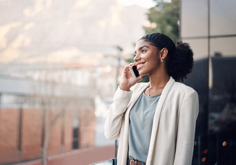 Phone call, city and business black woman in conversation for planning, talking and networking. Communication, professional and worker on office balcony on smartphone in discussion, speaking and chat