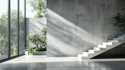 Obraz premium Modern minimalist interior with staircase and greenery 