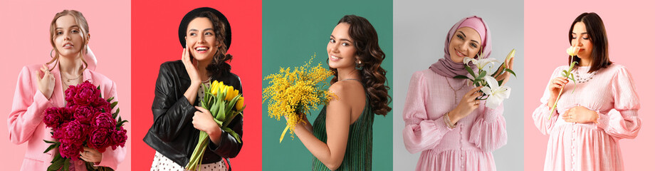 Collage of beautiful women with fresh flowers on color background