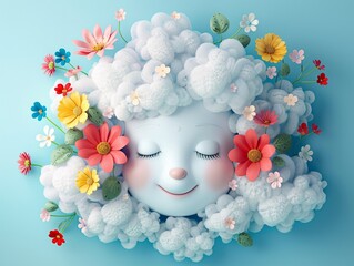 A cartoon head designed with fluffy clouds and vibrant flowers, evoking a sense of joy and creativity 8K , high-resolution, ultra HD,up32K HD