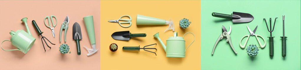 Set of many gardening supplies on color background, top view