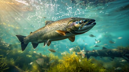Fototapeta premium A captivating underwater shot of majestic salmon gracefully swimming upstream, symbolizing resilience and determination.