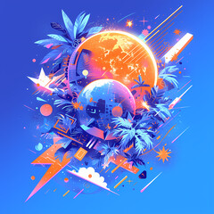 Vibrant 80s-Inspired PNG Design with Cosmic Adventure Elements for Retro Marketing and Graphic Design Projects