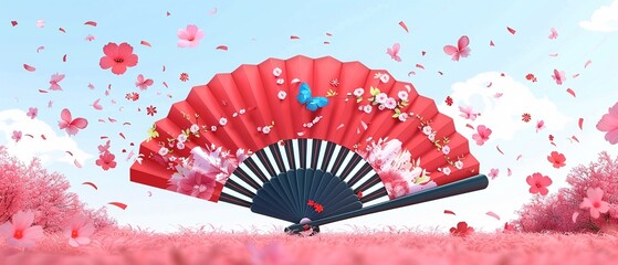 A detailed watercolor illustration of a fan clipart, standing out against a white background