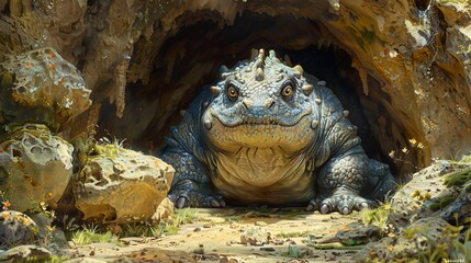 A funny, fat dragon struggles to fit into a tiny cave entrance in a digital painting 8K , high-resolution, ultra HD,up32K HD