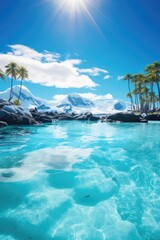 Tropical paradise with crystal clear waters and snowy mountains