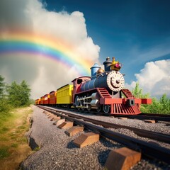 Vintage steam train passing by with rainbow in the sky