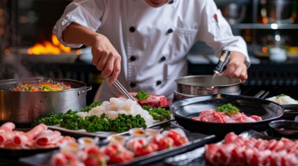 Obraz premium A chef skillfully arranging an array of premium seafood and meats for a luxurious shabu-shabu feast, showcasing culinary artistry.