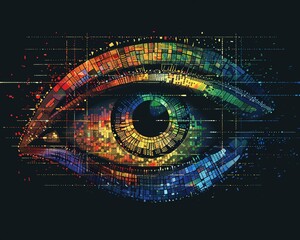 A logo with a stylized eye in matrix colors, symbolizing the omniscience of God 8K , high-resolution, ultra HD,up32K HD