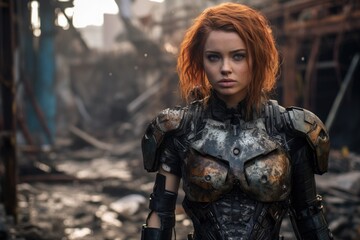 Obraz premium Futuristic female soldier in post-apocalyptic environment