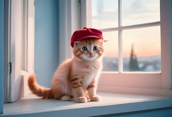 A red kitten in sneakers on its paws and a cap on its head is sitting on a beautiful windowsill....