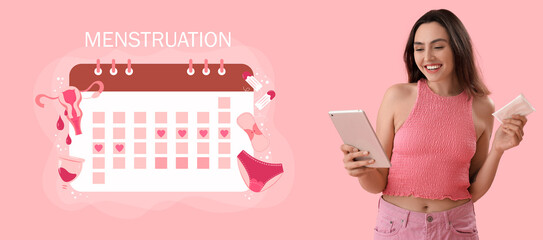 Young woman with menstrual pad and tablet computer on pink background