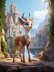 Cute animated deer in fantasy castle landscape