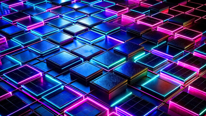 Abstract image, square panels arranged in a grid pattern, each panel emits a different hue, creating a vibrant spectrum of neon colors. AI, Generation.