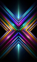 Symmetrical, abstract background design incorporating bright, multi-colored light beams arranged in a pattern creating an X shape on a black background. AI, Generation.