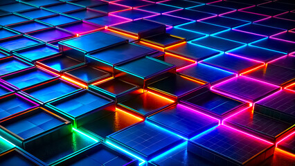 Abstract image, square panels arranged in a grid pattern, each panel emits a different hue, creating a vibrant spectrum of neon colors. AI, Generation.