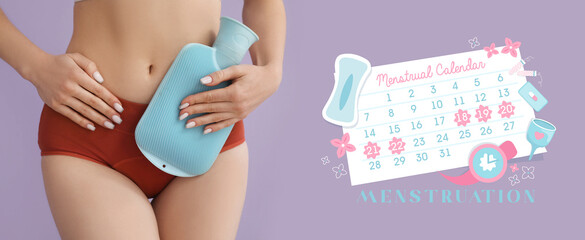 Young woman in menstrual panties with hot water bottle on lilac background, closeup