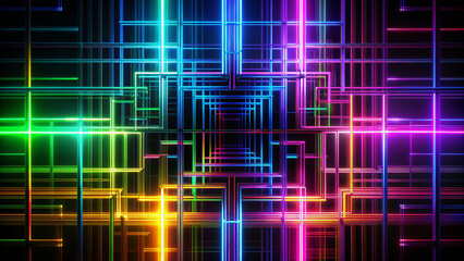 A bright abstract pattern consisting of overlapping multicolored lines forming a grid-like structure that creates a sense of depth. AI, Generation.