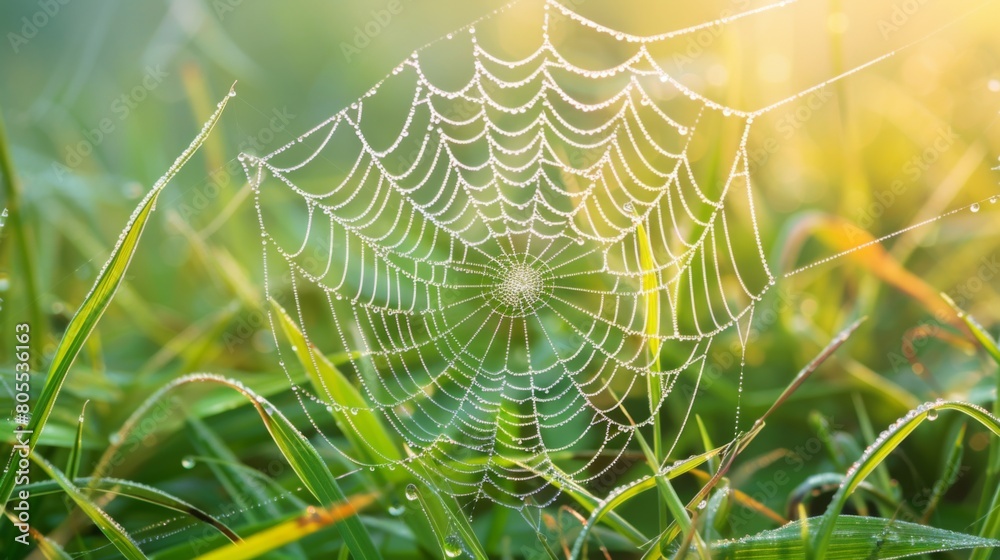 Poster a close-up of a dew-covered spider web suspended between blades of grass, showcasing the intricate b