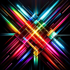 A vibrant digital artwork featuring symmetrically arranged multicolored light rays intersecting at a central point on a dark background. AI, Generation.