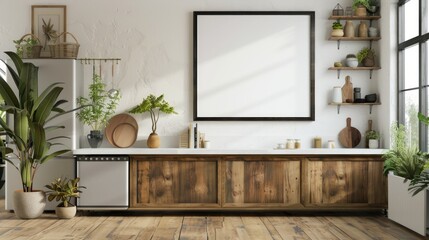 Frame mockup in kitchen interior background, Farmhouse style, 3d render.
