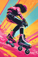 Naklejka premium Girl wearing roller skates and a helmet is riding on a colorful background with paint splatters.