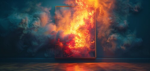 At an art gallery, a faulty light fixture overheats and sets a piece of abstract art on fire,  illustration stlye - obrazy, fototapety, plakaty