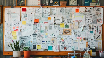 Cluttered Bulletin Board with Notes and Sketches, creative workspace
