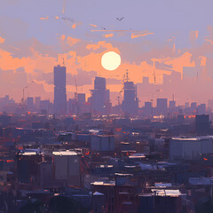 Spectacular Dawn Illustration - Urban Skyscraper Skyline at Break of Day
