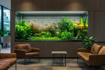 Tranquil Office Aquarium: A Touch of Nature: Vibrant, well-maintained aquascape in an office...