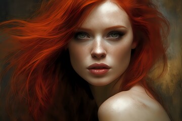 Conceptual painting portrait art of a beautiful woman with redhead among watercolor background. Copy Space.