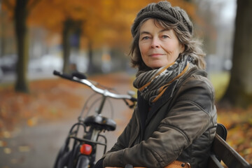 Obraz premium OLDER WOMAN SITTING ON A PARK BENCH WITH HER BIKE NEXT.