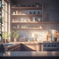 Warm, inviting domestic kitchen scene with wooden cabinets, natural light, and a variety of pots, pans, and kitchenware.