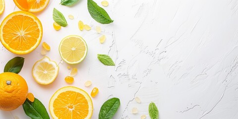 Minimalistic arragement of oranges and lemons with leaves on a white background with copy space