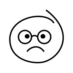 A black and white drawing of an ordinary emoticon, smiley bespectacled man wearing round glasses with open eyes is sad, offended